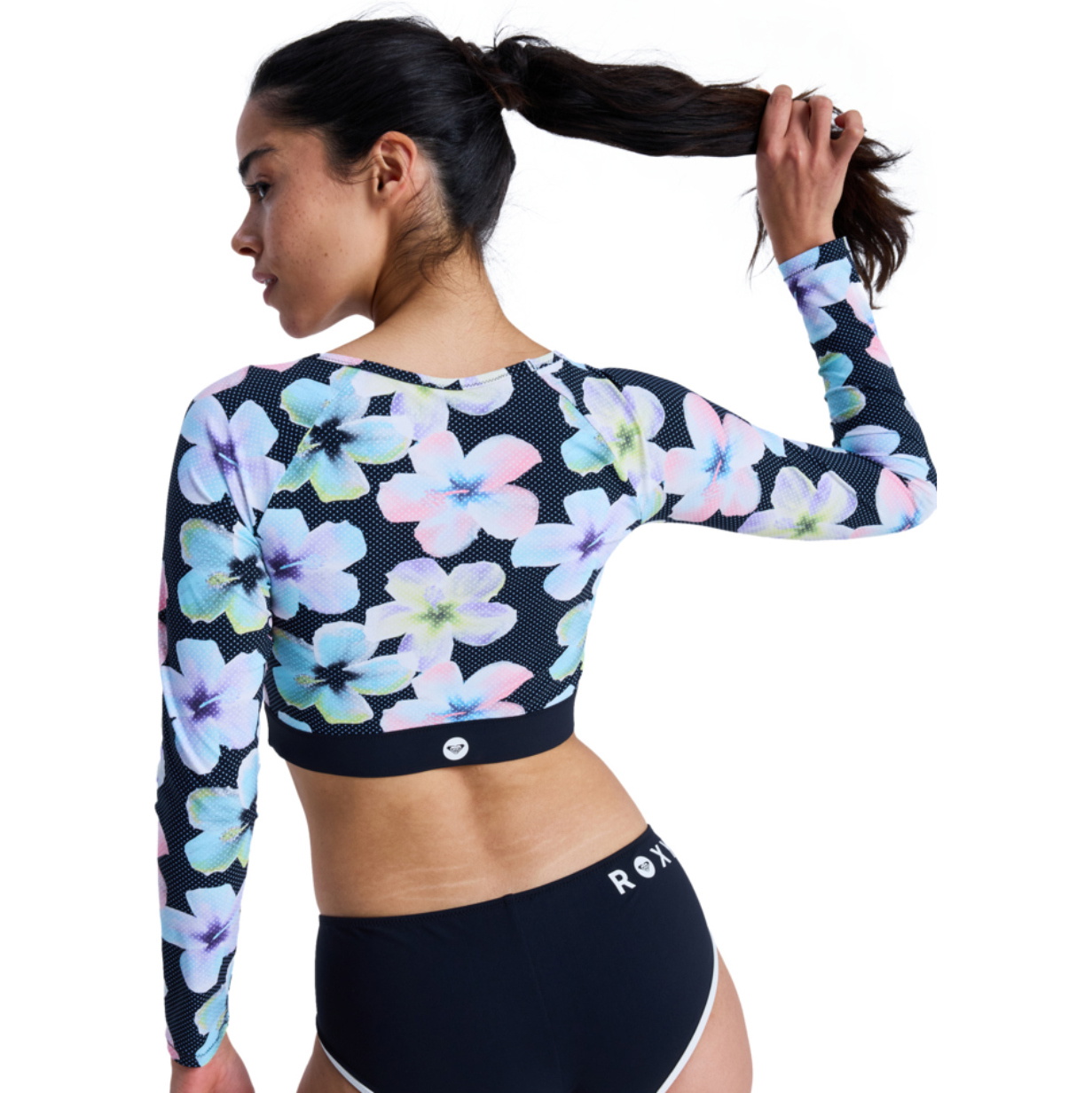 2026 Roxy Womens Roxy Active Long Sleeve Crop Top Rash Vest ERJWR03926 - Anthracite Im Fleur Real